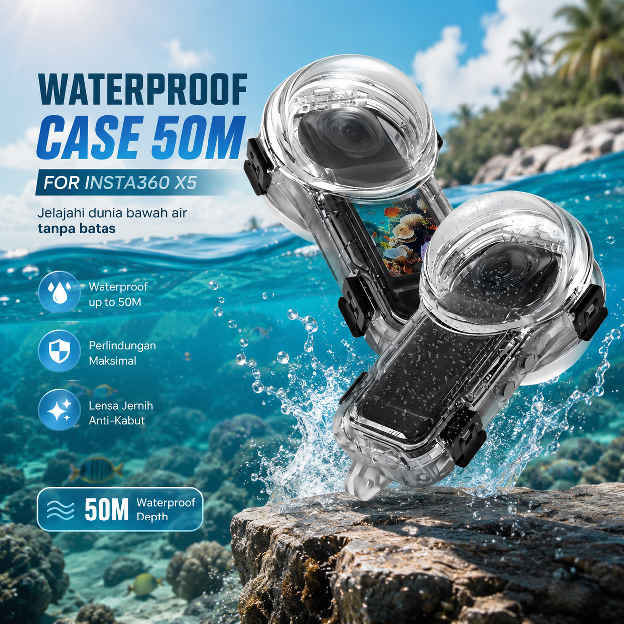 YAZE Waterproof Case Insta360 X5 Housing Kamera Anti Air 50M - I3X5 Gambar produk YAZE Waterproof Case Insta360 X5 Housing Kamera Anti Air 50M - I3X5 - Utama