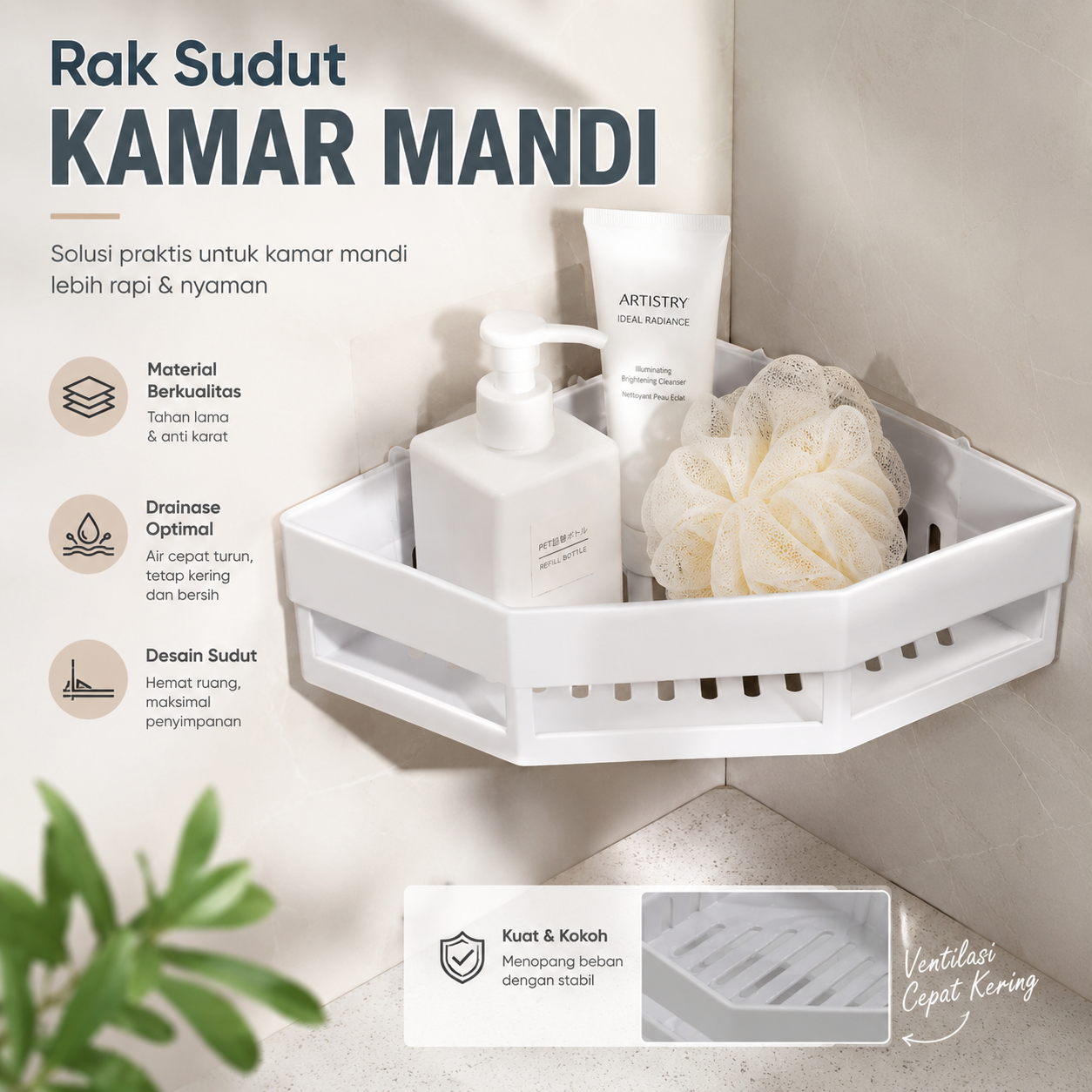 Gambar produk ZGRK Rak Sudut Kamar Mandi Triangular Bathroom Corner Shelf Plastik - ST145 - Utama