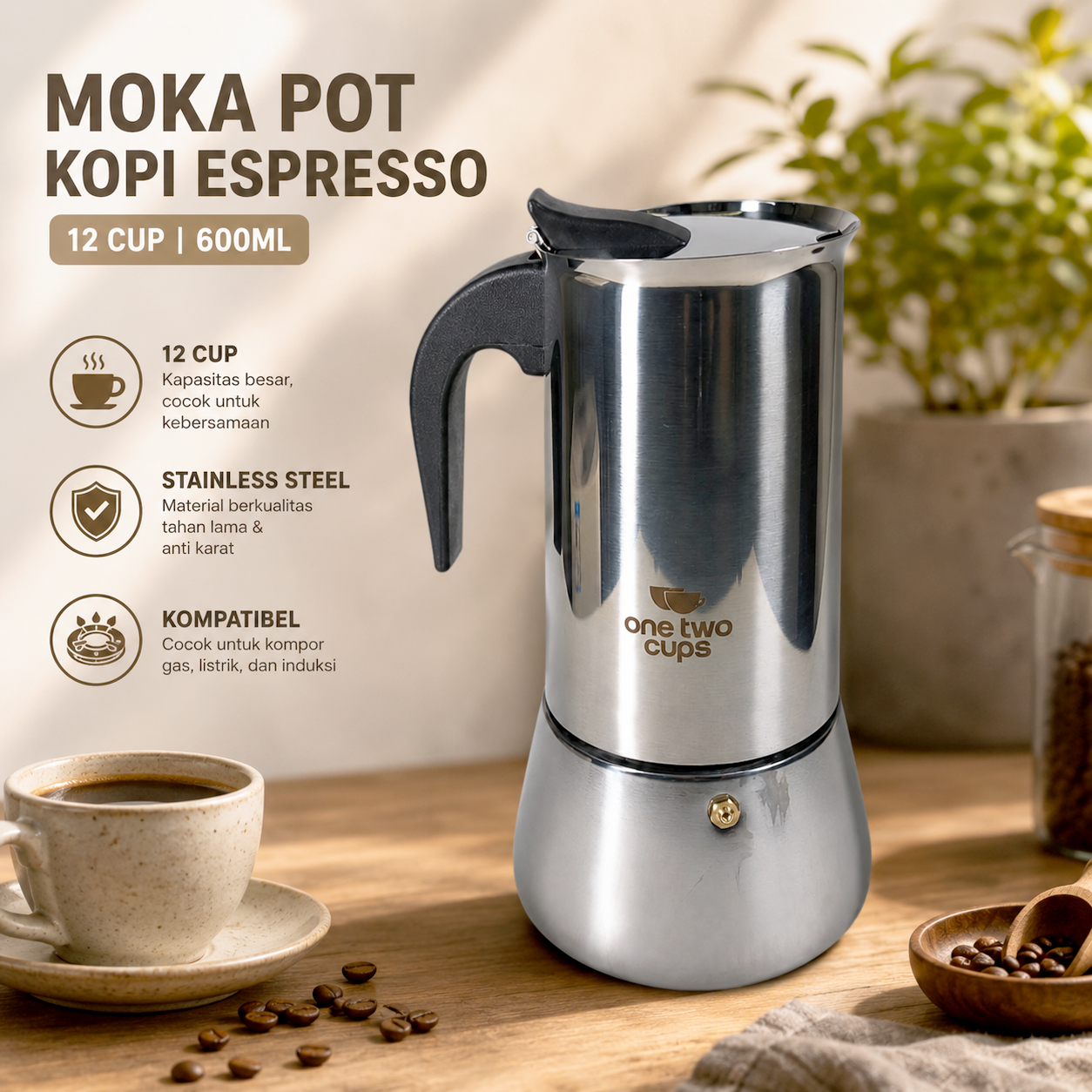 One Two Cups Moka Pot Teko Kopi Espresso Coffee Maker Stovetop 12 Cup 600ml - Z22 Gambar produk One Two Cups Moka Pot Teko Kopi Espresso Coffee Maker Stovetop 12 Cup 600ml - Z22 - Utama