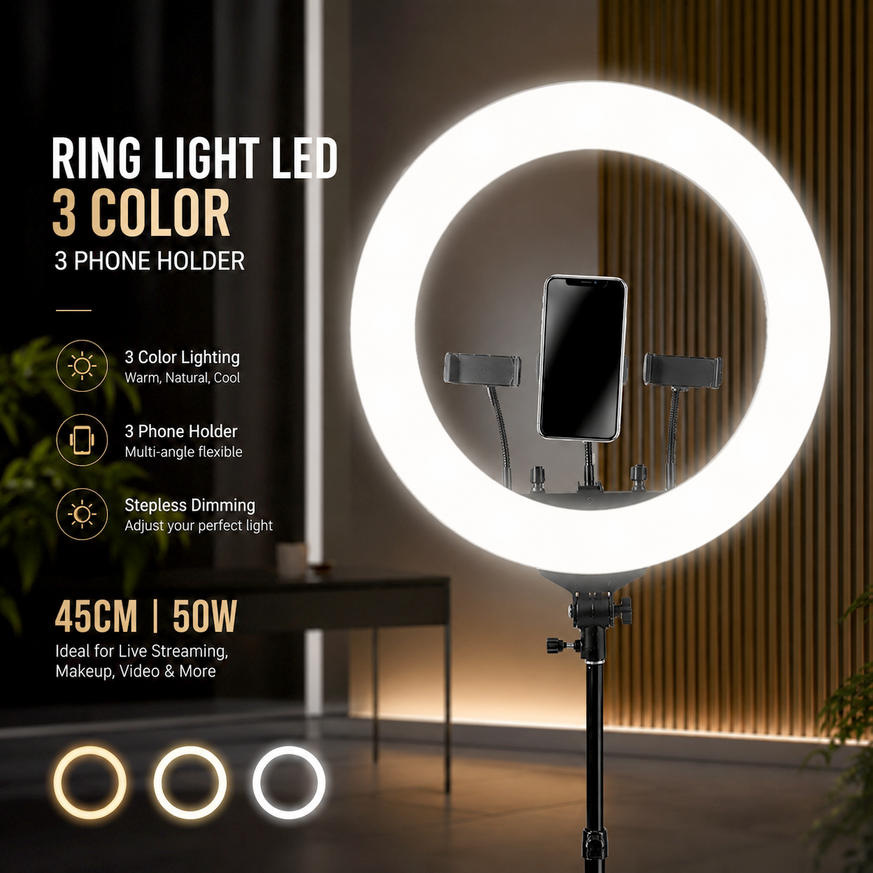 Gambar produk B-Light Lampu Ring Light LED 3in1 Color 3 Phone Holder 45cm 50W - LJJ-18 - Utama
