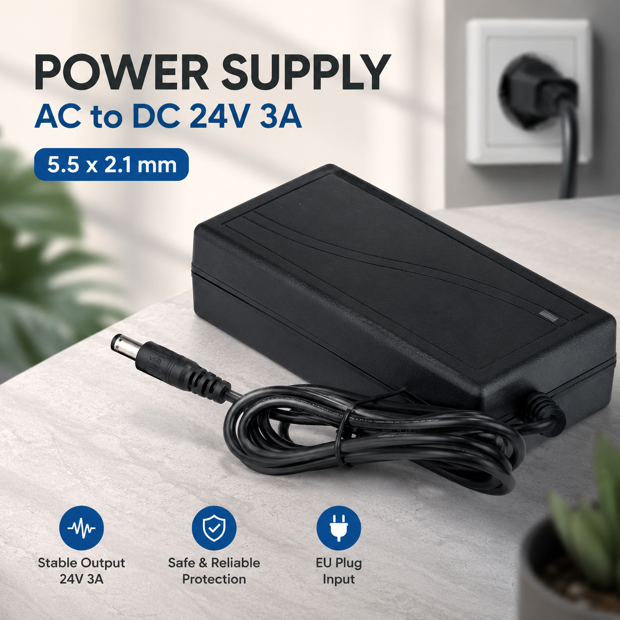 Gambar produk HUNDA Adaptor Power Supply Converter AC to DC 24V 3A EU Plug - HD3 - Utama