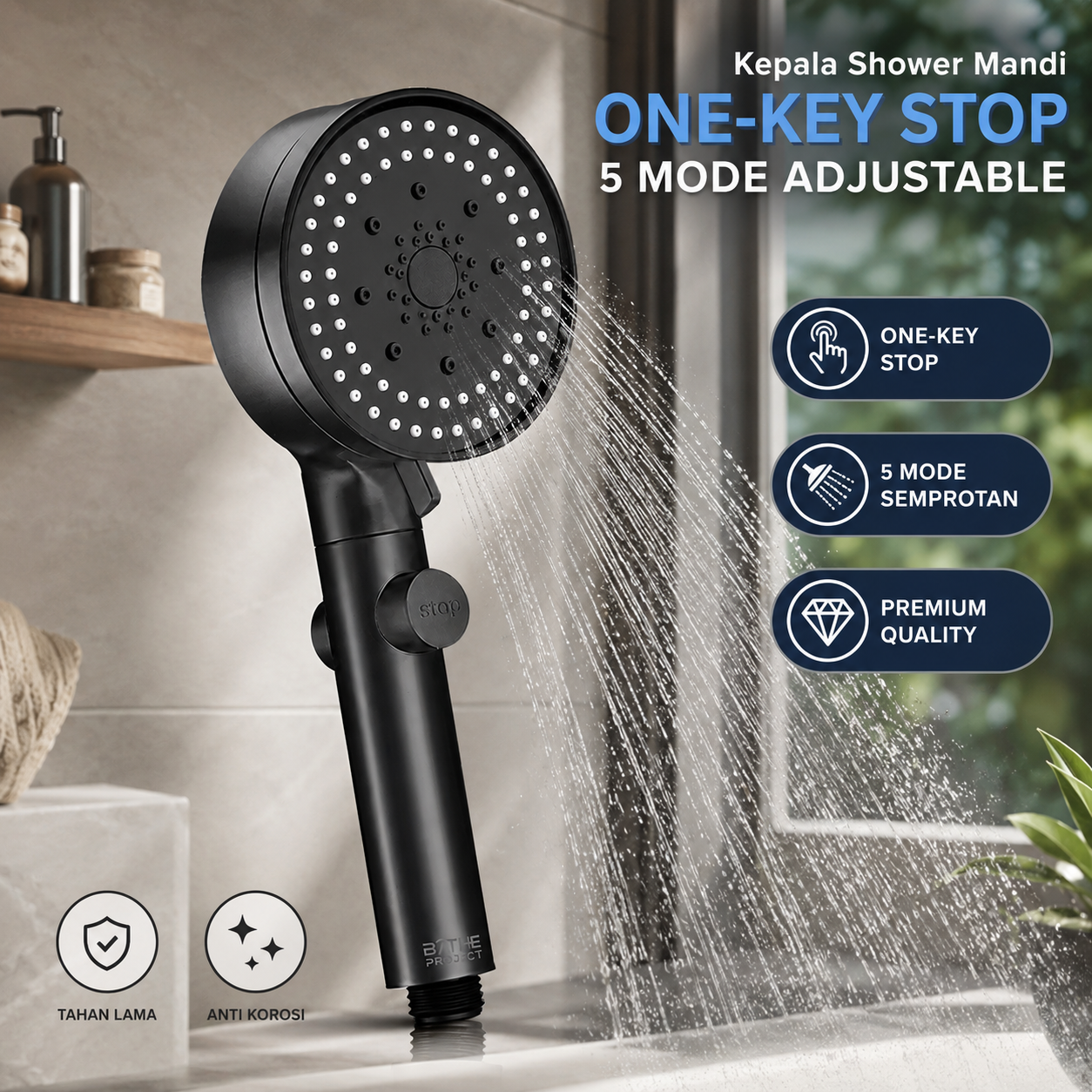 BATHE PROJECT Kepala Shower Mandi One-Key Stop 5 Mode Adjustable - SH28 Gambar produk BATHE PROJECT Kepala Shower Mandi One-Key Stop 5 Mode Adjustable - SH28 - Utama