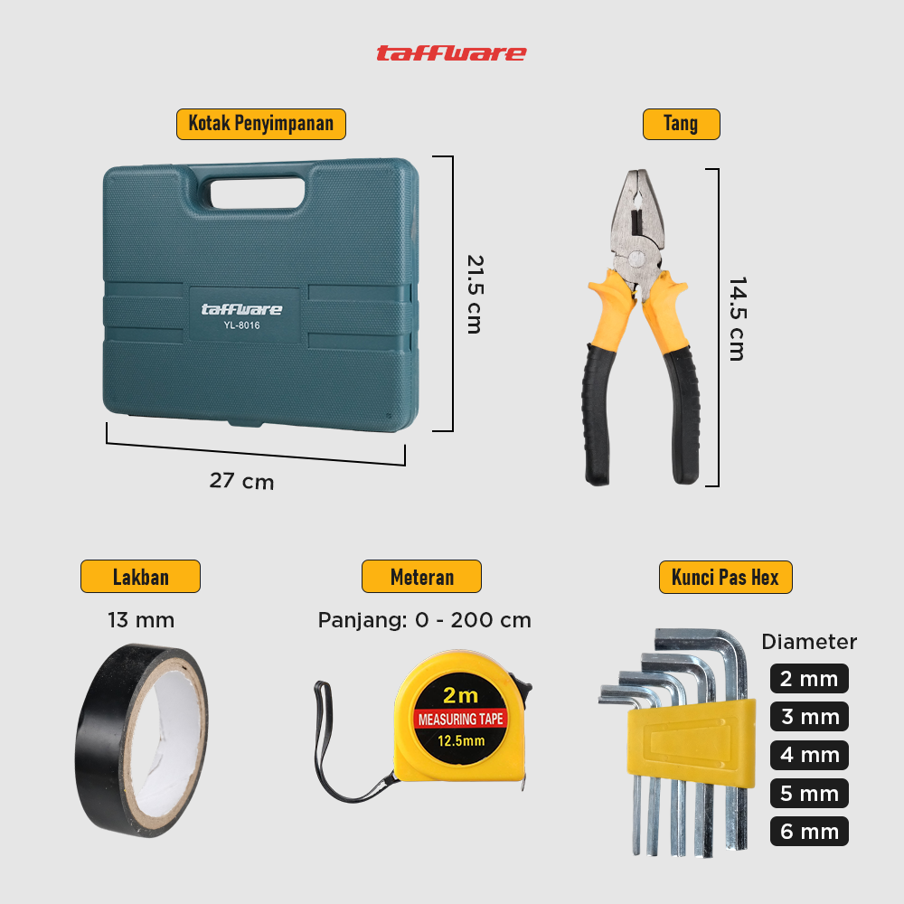 Gambar produk Taffware Alat Set Perkakas Palu Tang Obeng Kunci Pas 15in1 - YL-8016 - 7