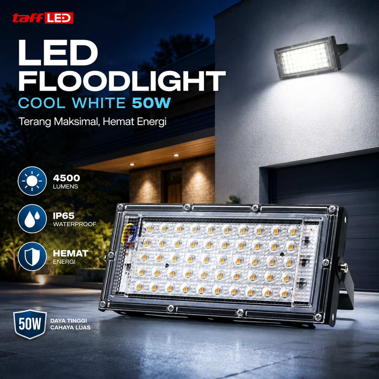 TaffLED Lampu Sorot LED Outdoor Floodlight Waterproof Cool White 50W - A8 Gambar produk TaffLED Lampu Sorot LED Outdoor Floodlight Waterproof Cool White 50W - A8 - Utama