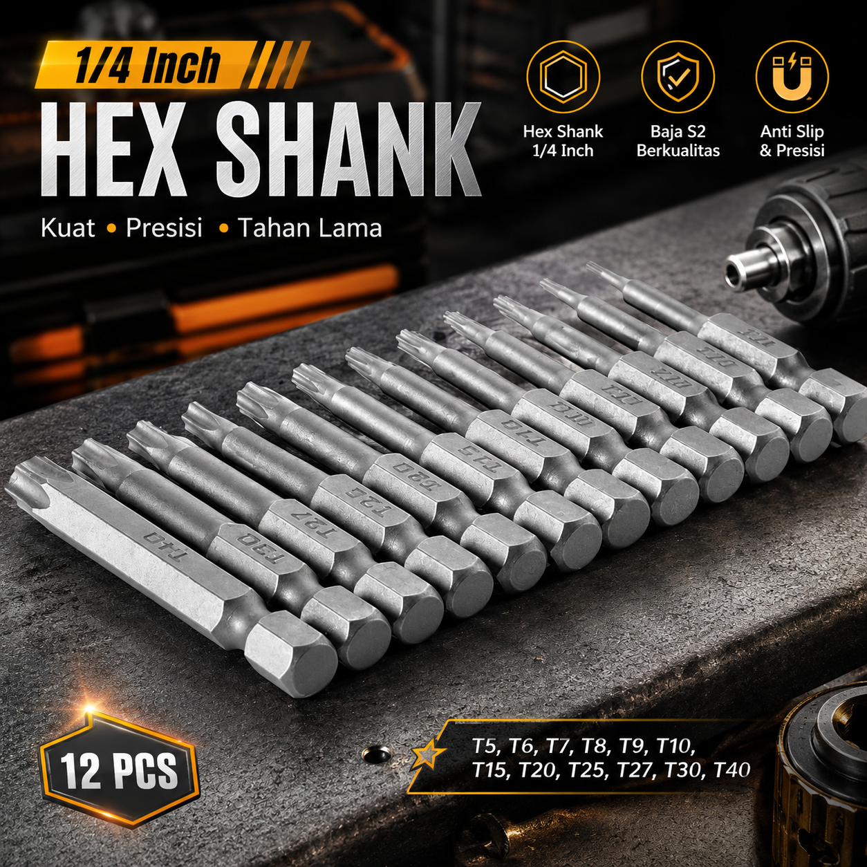 Gambar produk Mesee Kepala Obeng Torx Head Screwdriver Bits Set 1/4 Inch 12 PCS - MS12 - Utama