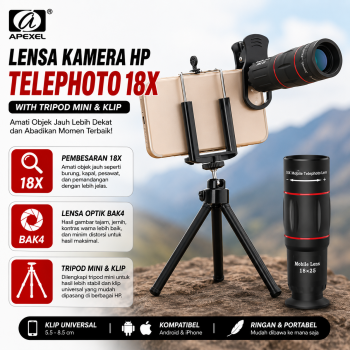 APEXEL Lensa Kamera HP Telephoto 18X with Tripod Mini dan Klip - APL-T18ZJ