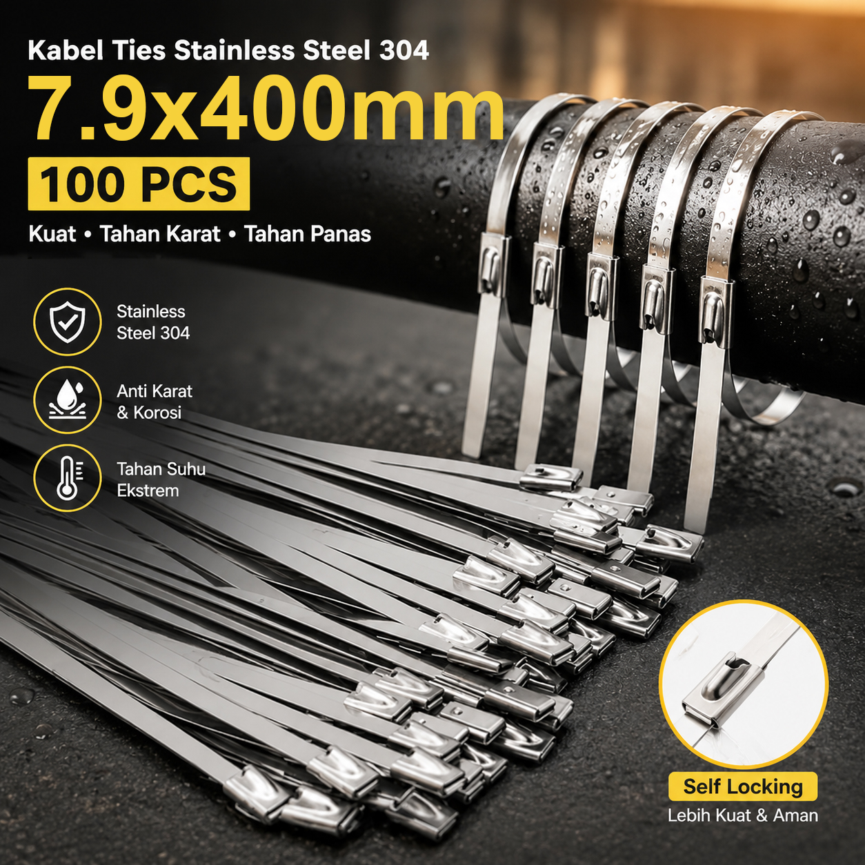 TaffGUARD Kabel Ties Stainless Steel 304 Anti Karat Cable 100 PCS 7.9x0.25x400mm - ZDQ2 Gambar produk TaffGUARD Kabel Ties Stainless Steel 304 Anti Karat Cable 100 PCS 7.9x0.25x400mm - ZDQ2 - Utama