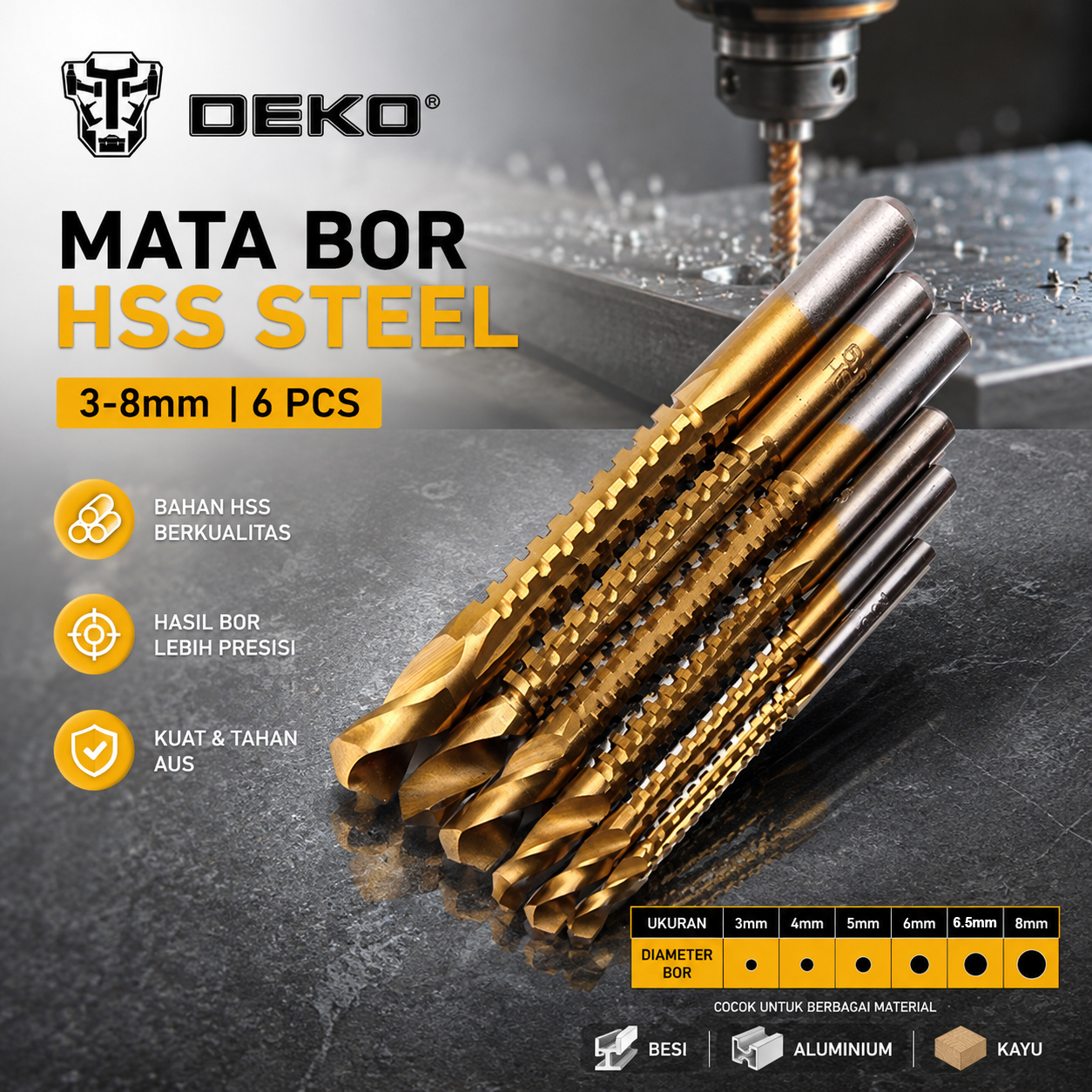 DEKO Mata Bor Power Drill Bits HSS Steel 3-8mm 6 PCS - DW1369 Gambar produk DEKO Mata Bor Power Drill Bits HSS Steel 3-8mm 6 PCS - DW1369 - Utama