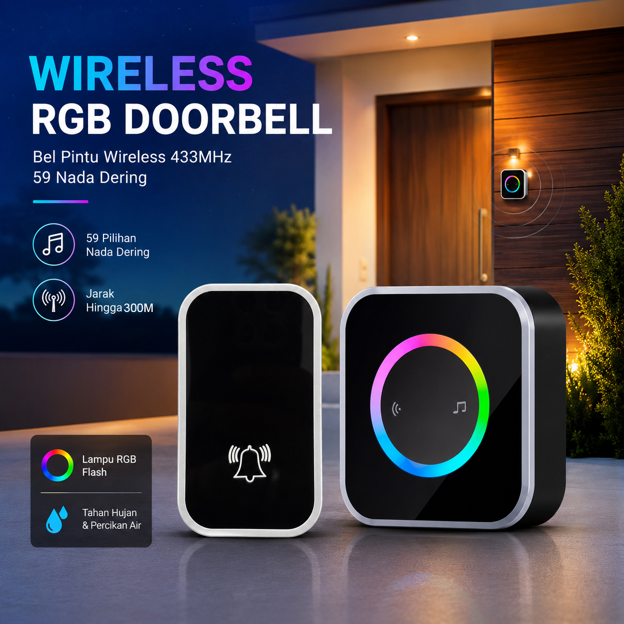 Zheyi Bel Pintu Wireless Door Bell Waterproof RGB EU Plug 59 Chimes - D88 Gambar produk Zheyi Bel Pintu Wireless Door Bell Waterproof RGB EU Plug 59 Chimes - D88 - Utama