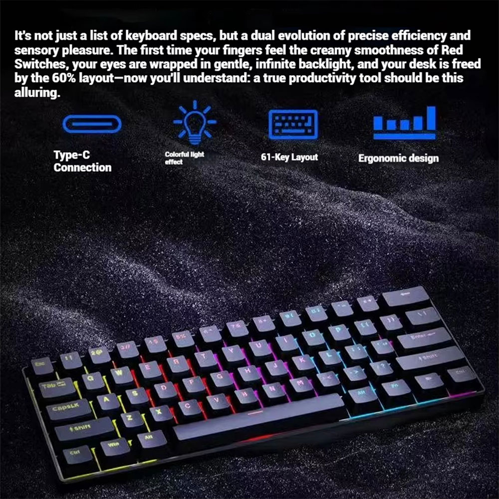 KOO Keyboard Gaming RGB Mechanical Red Switch Wired 61 Keys - MK-61 Gambar produk KOO Keyboard Gaming RGB Mechanical Red Switch Wired 61 Keys - MK-61 - 2