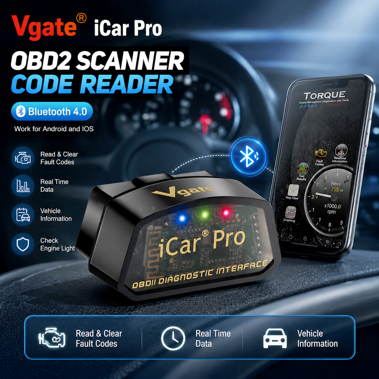 Vgate iCar Pro OBD2 Scanner Code Reader Bluetooth 4.0 Diagnostic Tool ...