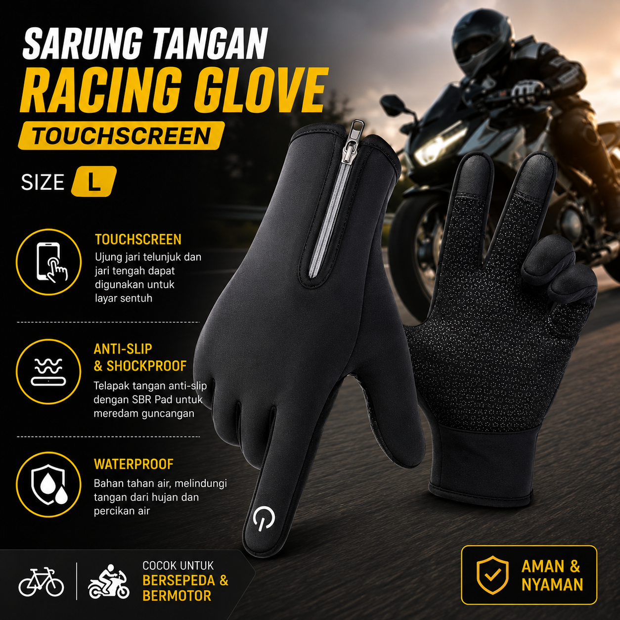 Gambar produk SPORT Sarung Tangan Racing Glove SBR Pad Waterproof Touchscreen Size L - OZ910 - Utama