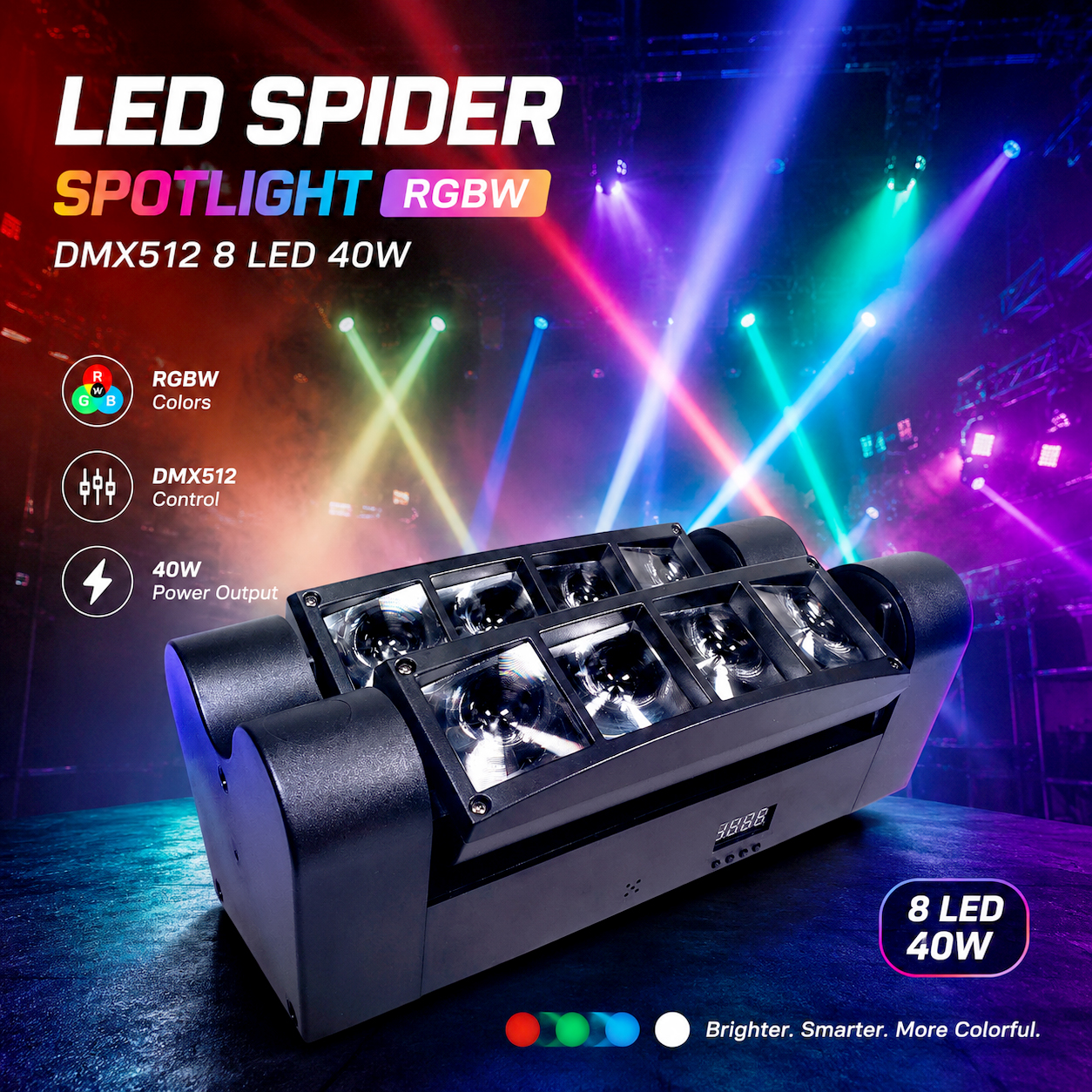 JUNHE Lampu Sorot LED Spider Spotlight RGBW MovingHead DMX512 8LED 40W - JH-40 Gambar produk JUNHE Lampu Sorot LED Spider Spotlight RGBW MovingHead DMX512 8LED 40W - JH-40 - Utama