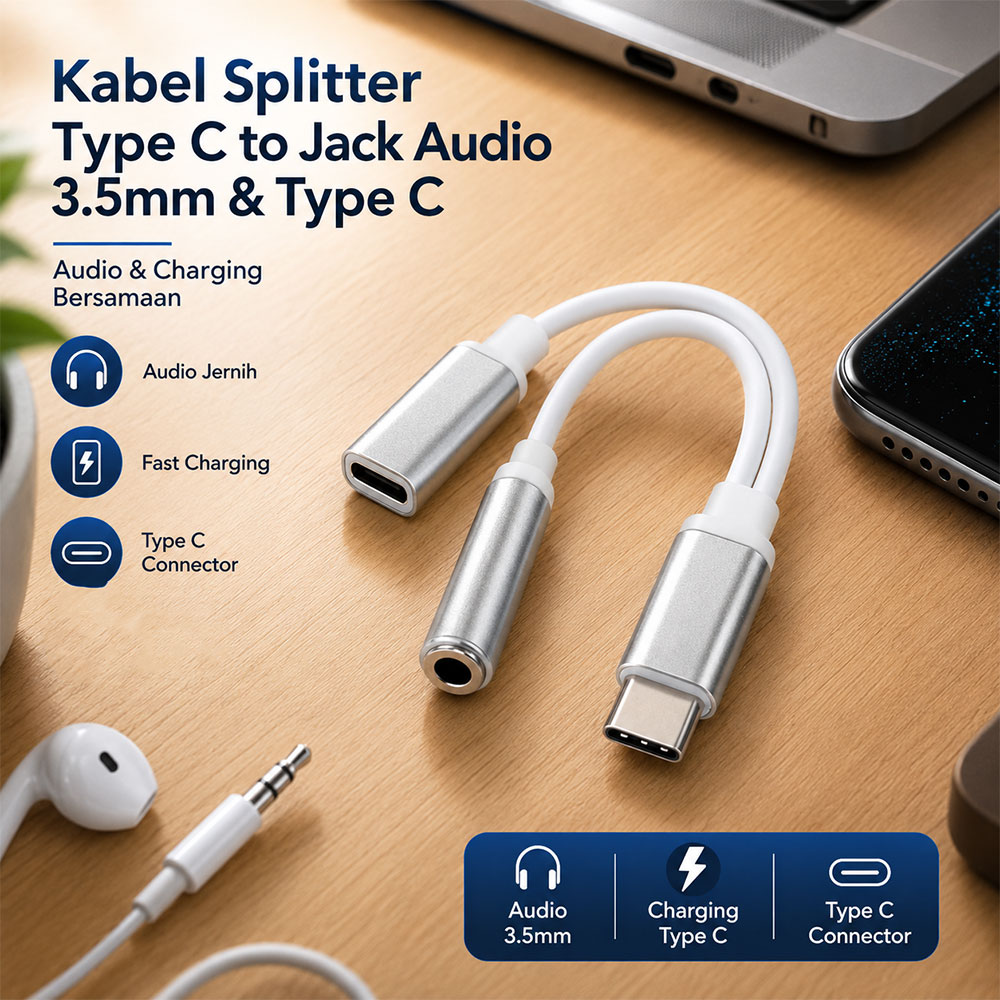 Gambar produk Clu 2in1 Kabel Splitter USB Type C to Jack Audio 3.5mm dan Type C - L45 - Utama