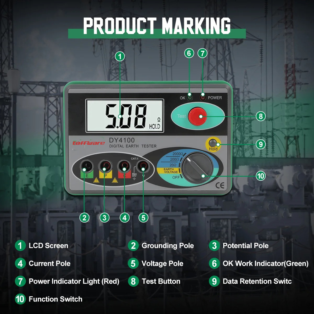 Gambar produk Taffware Alat Ukur Hambatan Resistansi Tanah Ground Resistance Tester - DY4100 - 4