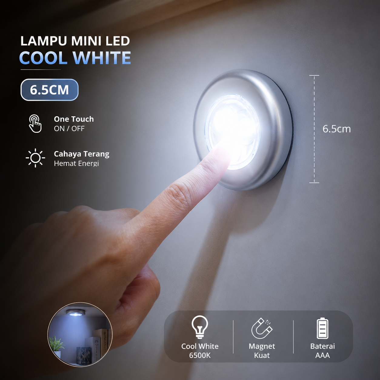 Gambar produk Lampu Mini LED Multifungsi Stick and Click Lamp Cool White 6.5cm - LL003 - Utama
