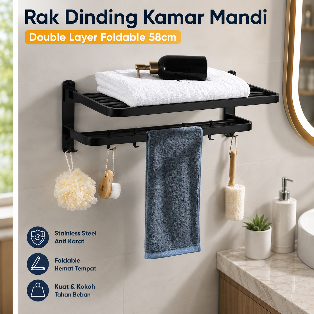 Gambar produk CANRY Rak Dinding Kamar Mandi Gantungan Handuk Double Layer Foldable 58cm - C2 - Utama