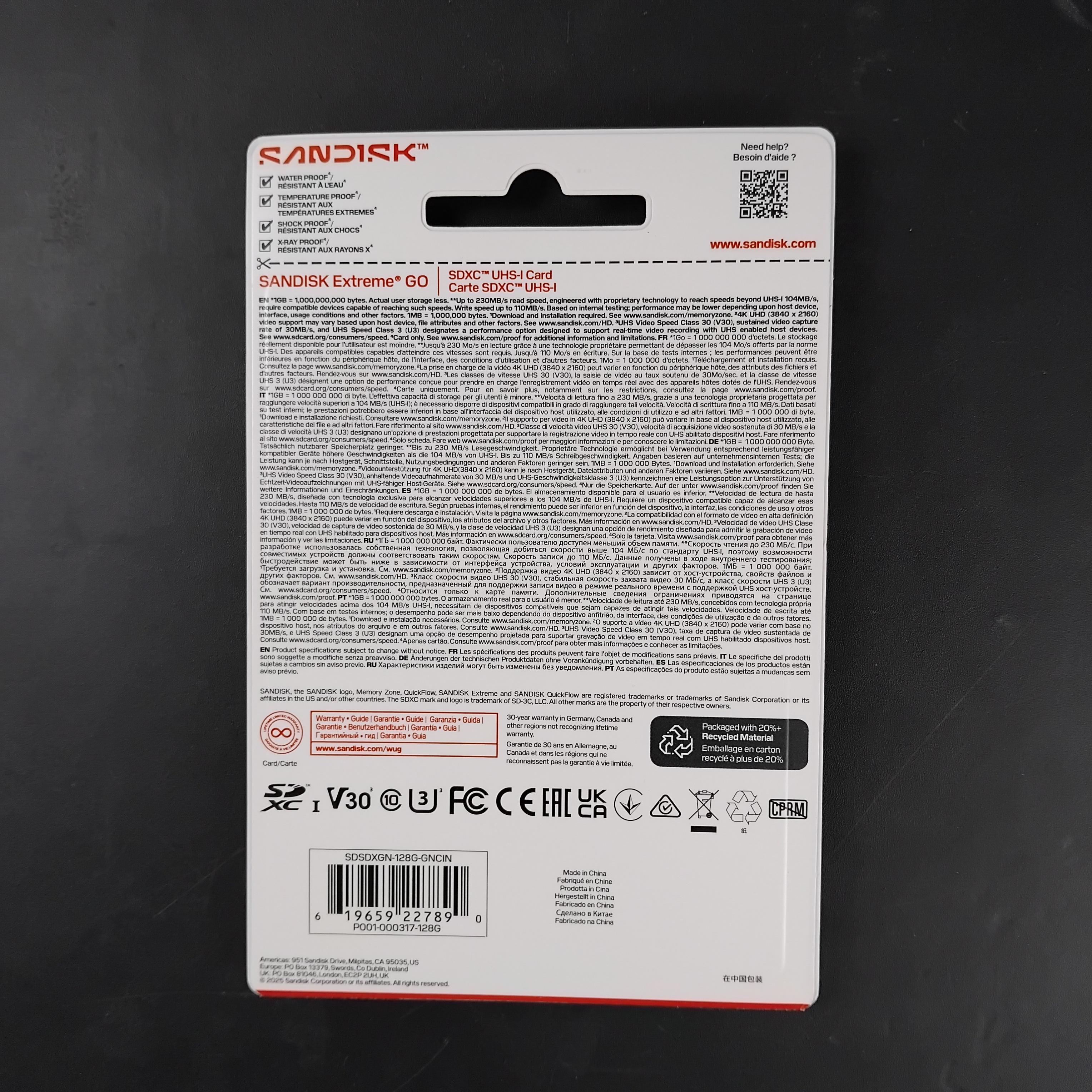 SanDisk Extreme GO SDXC/HC UHS-I Card U3 V30 4K UHD 230MB/s 128GB - SDSDXGN Gambar produk SanDisk Extreme GO SDXC/HC UHS-I Card U3 V30 4K UHD 230MB/s 128GB - SDSDXGN - Kemasan