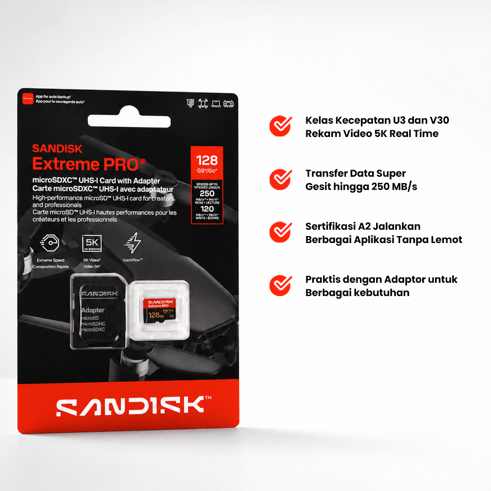 Gambar produk SanDisk Extreme Pro microSDXC UHS-I U3 V30 250MB/s 128GB - SDSQXCJ - 2