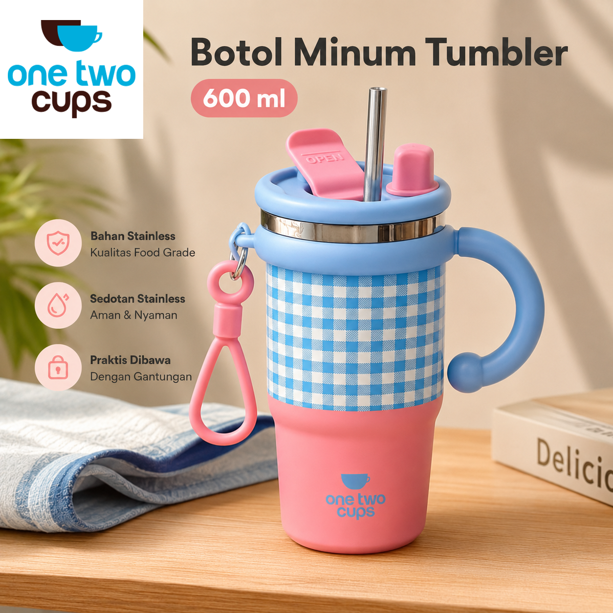 One Two Cups Botol Minum Tumbler Air Panas Dingin Handle Straw 600ml - ZY0269 Gambar produk One Two Cups Botol Minum Tumbler Air Panas Dingin Handle Straw 600ml - ZY0269 - Utama