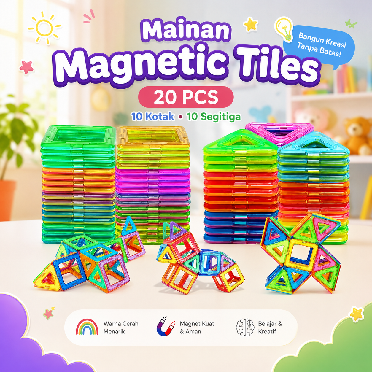 Gambar produk LABOL Magnetic Tiles 20 PCS Mainan Magnet Block 10 Kotak 10 Segitiga - L-1020 - Utama