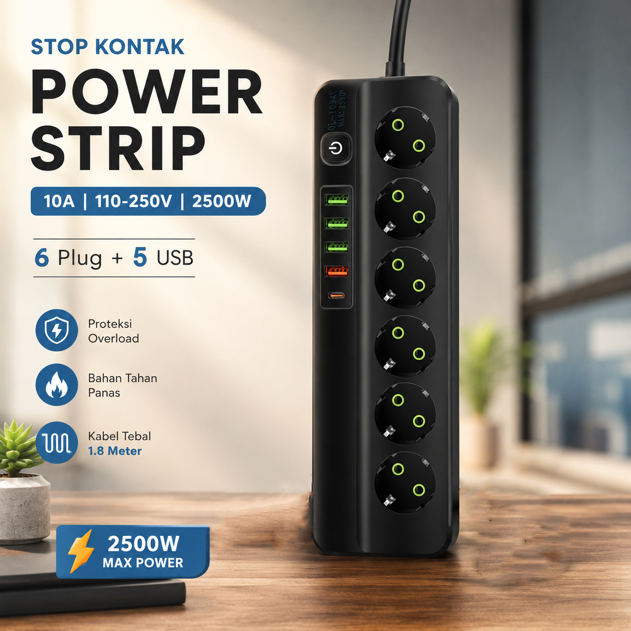 Gambar produk QIAOLIAN Stop Kontak Kabel 6 Socket 4 USB A USB C 1.8M 10A 250V 2500W - QL-1094U - Utama