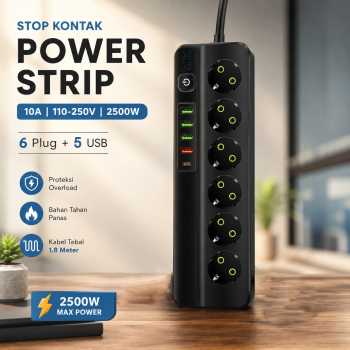 QIAOLIAN Stop Kontak Kabel USB Type C 10A 110-250V 2500W 1.8M 6 Lubang - QL-1094U