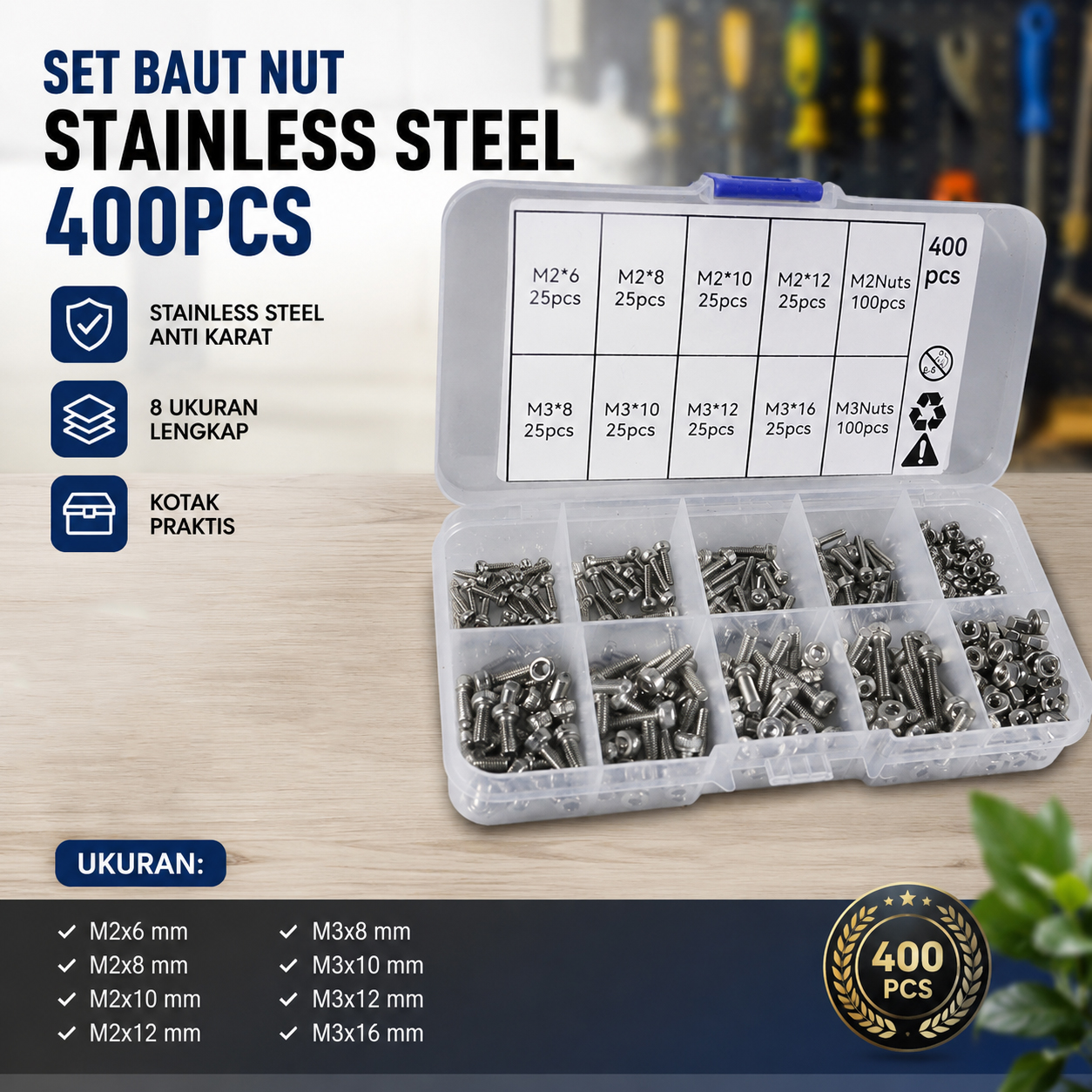 Taffware Baut Set Screw Bolt Nuts Hexagon Stainless Steel M2 M3 400PCS - DIN912 Gambar produk Taffware Baut Set Screw Bolt Nuts Hexagon Stainless Steel M2 M3 400PCS - DIN912 - Utama