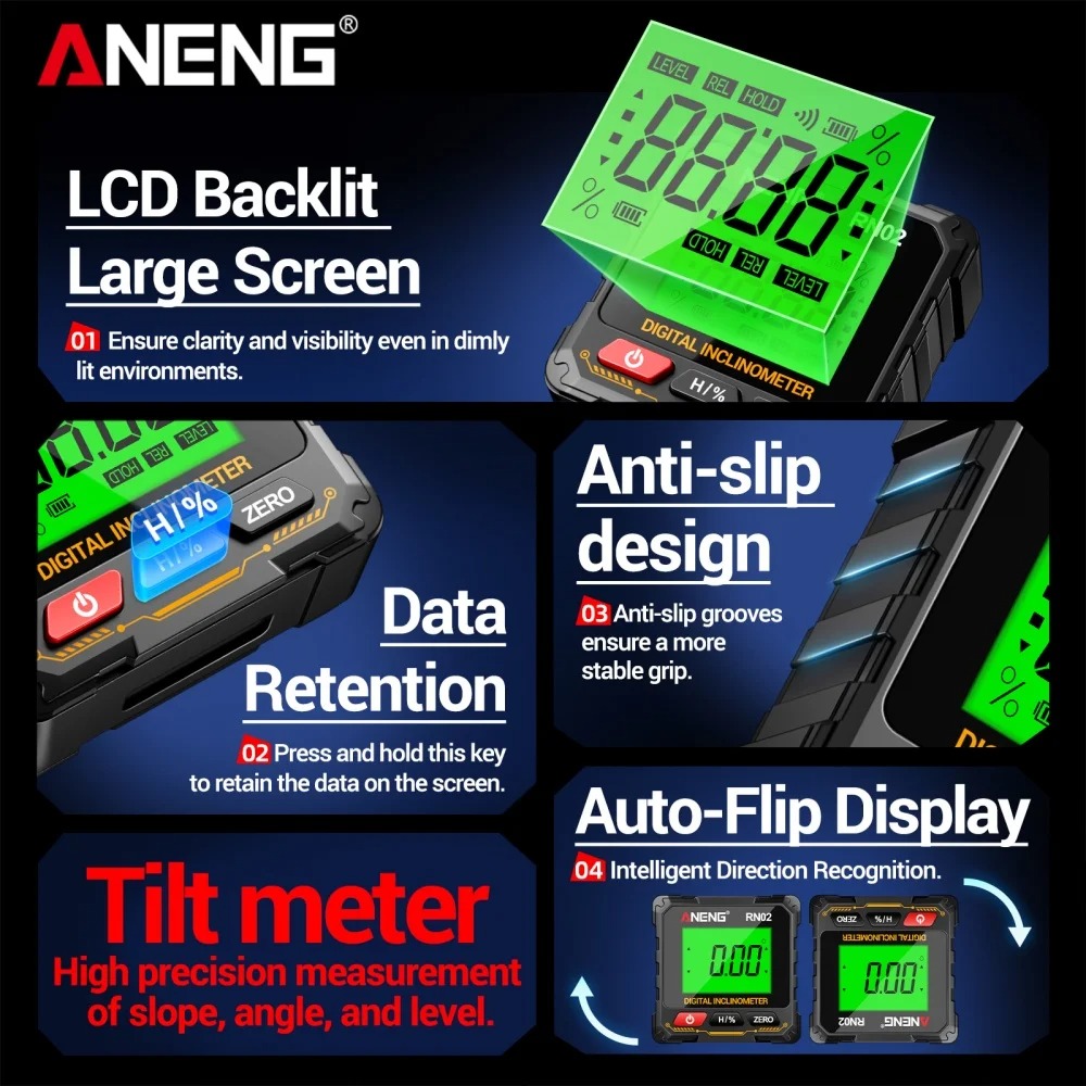 ANENG Inclinometer Digital Rechargeable Alat Ukur Kemiringan Magnetik - RN02 Gambar produk ANENG Inclinometer Digital Rechargeable Alat Ukur Kemiringan Magnetik - RN02 - 3