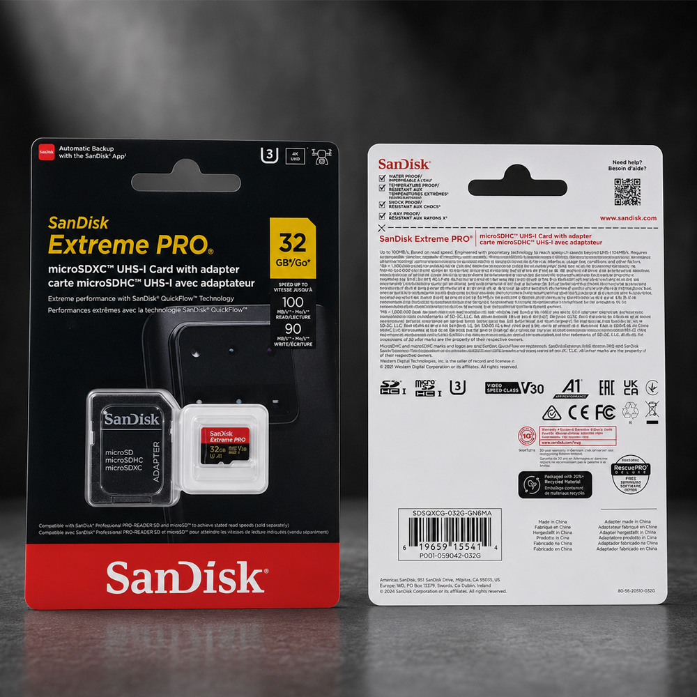 SanDisk Extreme Pro microSD UHS-I Class 10 A1 100MB/s 32GB - SDSQXCG Gambar produk SanDisk Extreme Pro microSD UHS-I Class 10 A1 100MB/s 32GB - SDSQXCG - Kemasan