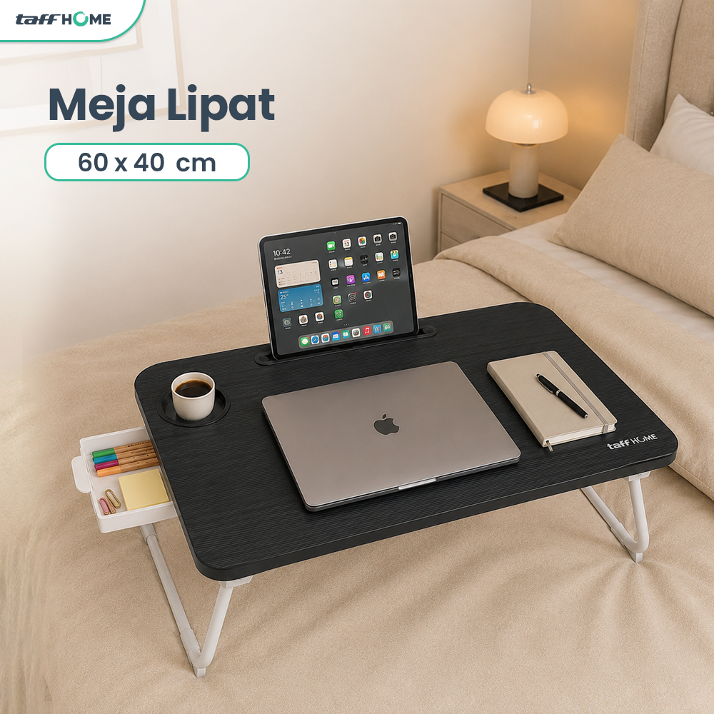 TaffHOME Meja Lipat Laptop Foldable Bed Table with Drawer Cup Holder 60x40cm - BC67 Gambar produk TaffHOME Meja Lipat Laptop Foldable Bed Table with Drawer Cup Holder 60x40cm - BC67 - Utama