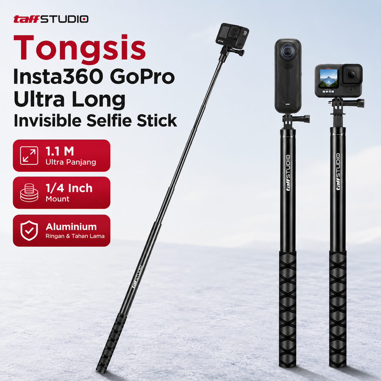 TaffSTUDIO Tongsis Insta360 GoPro Ultra Long Invisible Selfie Stick 1.1M - YZ502/YZ525/YZ511/YZ520 Gambar produk TaffSTUDIO Tongsis Insta360 GoPro Ultra Long Invisible Selfie Stick 1.1M - YZ502/YZ525/YZ511/YZ520 - Utama