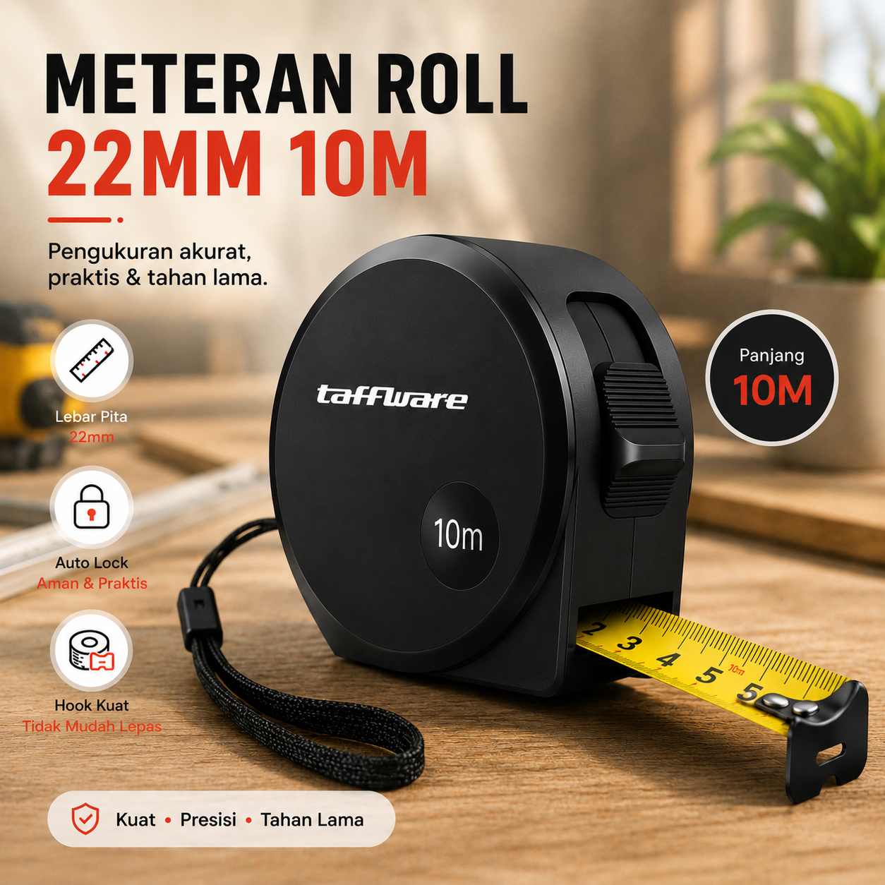 Taffware Meteran Roll Tukang Bangunan Measuring Tape Auto Lock 22mm 10M - DSH-19 Gambar produk Taffware Meteran Roll Tukang Bangunan Measuring Tape Auto Lock 22mm 10M - DSH-19 - Utama