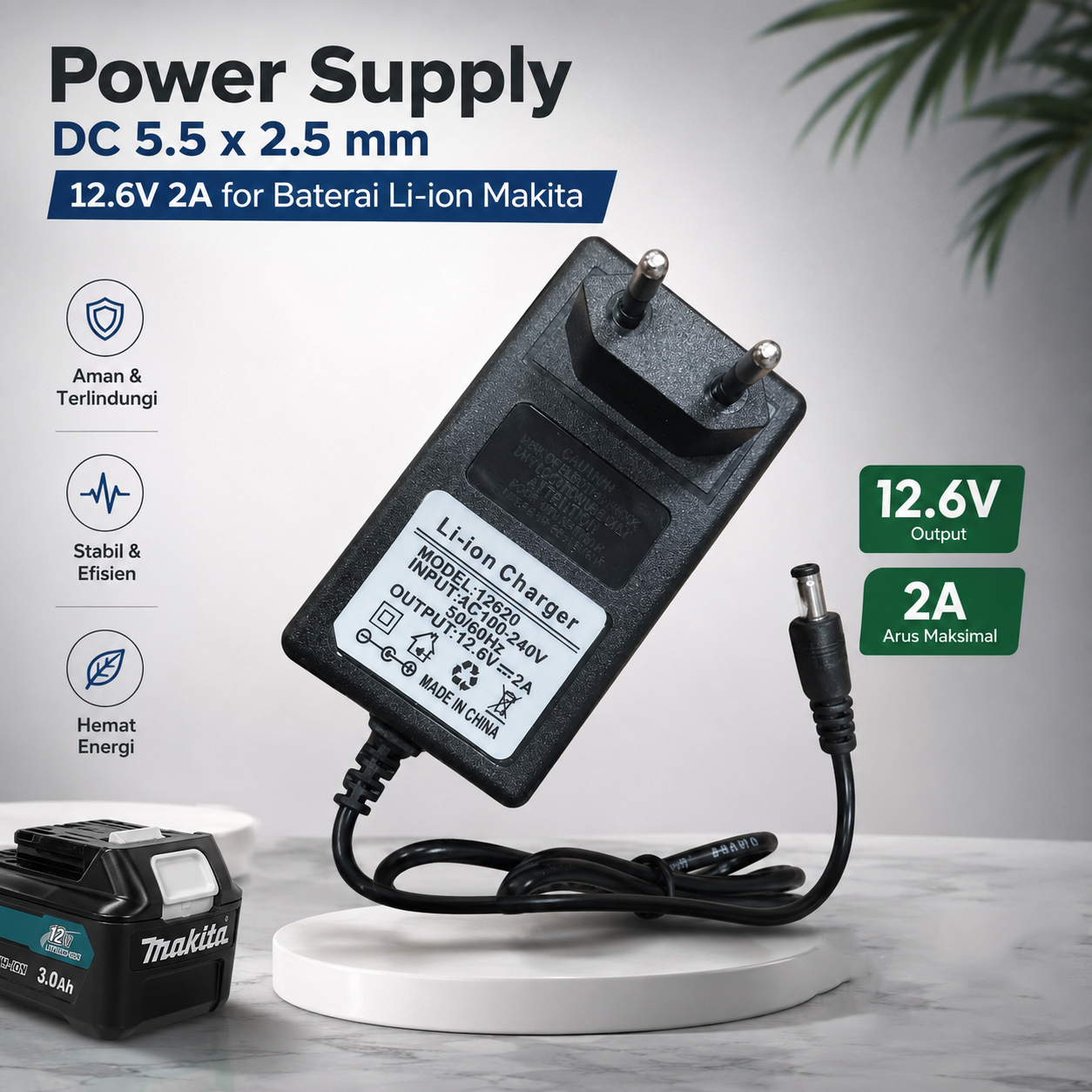 Gambar produk VELURA Adaptor Power Supply DC 12.6V 2A for Baterai Li-ion Makita - 12620 - Utama