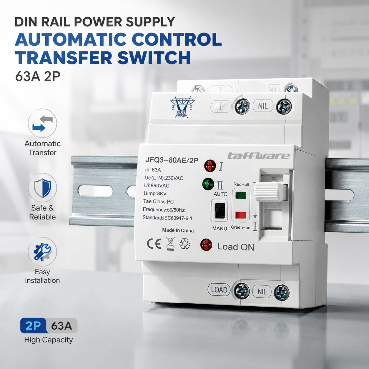 Gambar produk Taffware DIN Rail Power Supply Automatic Control Transfer Switch 63A 2P - JFQ3-80AE - Utama