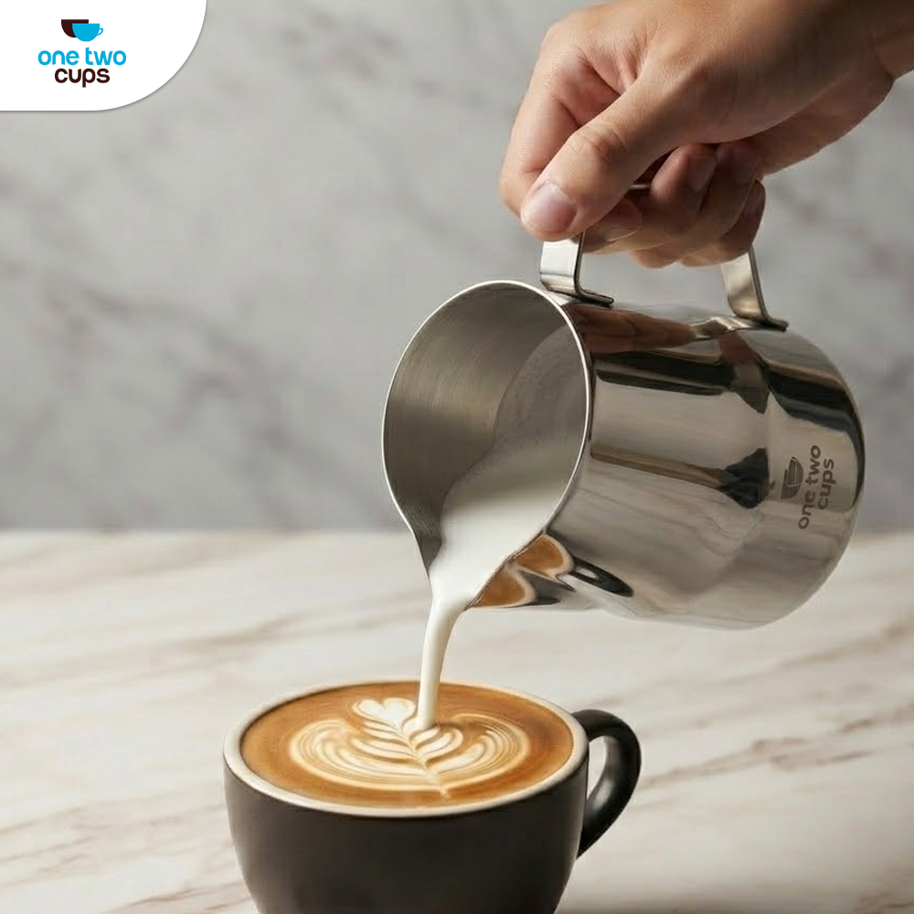 One Two Cups Milk Jug Pitcher Susu Latte Art Espresso Stainless Steel 350ml - AA050 Gambar produk One Two Cups Milk Jug Pitcher Susu Latte Art Espresso Stainless Steel 350ml - AA050 - 4