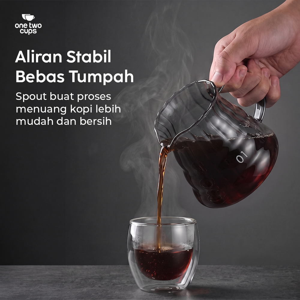 One Two Cups Teko Kopi Coffee Server V60 Drip Pour Over Kaca 360ml - XGS-36/60 Gambar produk One Two Cups Teko Kopi Coffee Server V60 Drip Pour Over Kaca 360ml - XGS-36/60 - 2