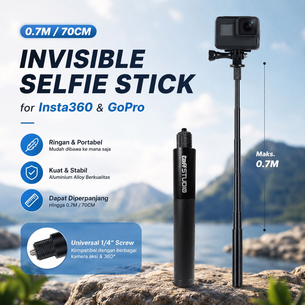 TaffSTUDIO Tongsis Insta360 GoPro Ultra Long Selfie Stick 0.7M - YZ669 Gambar produk TaffSTUDIO Tongsis Insta360 GoPro Ultra Long Selfie Stick 0.7M - YZ669 - Utama