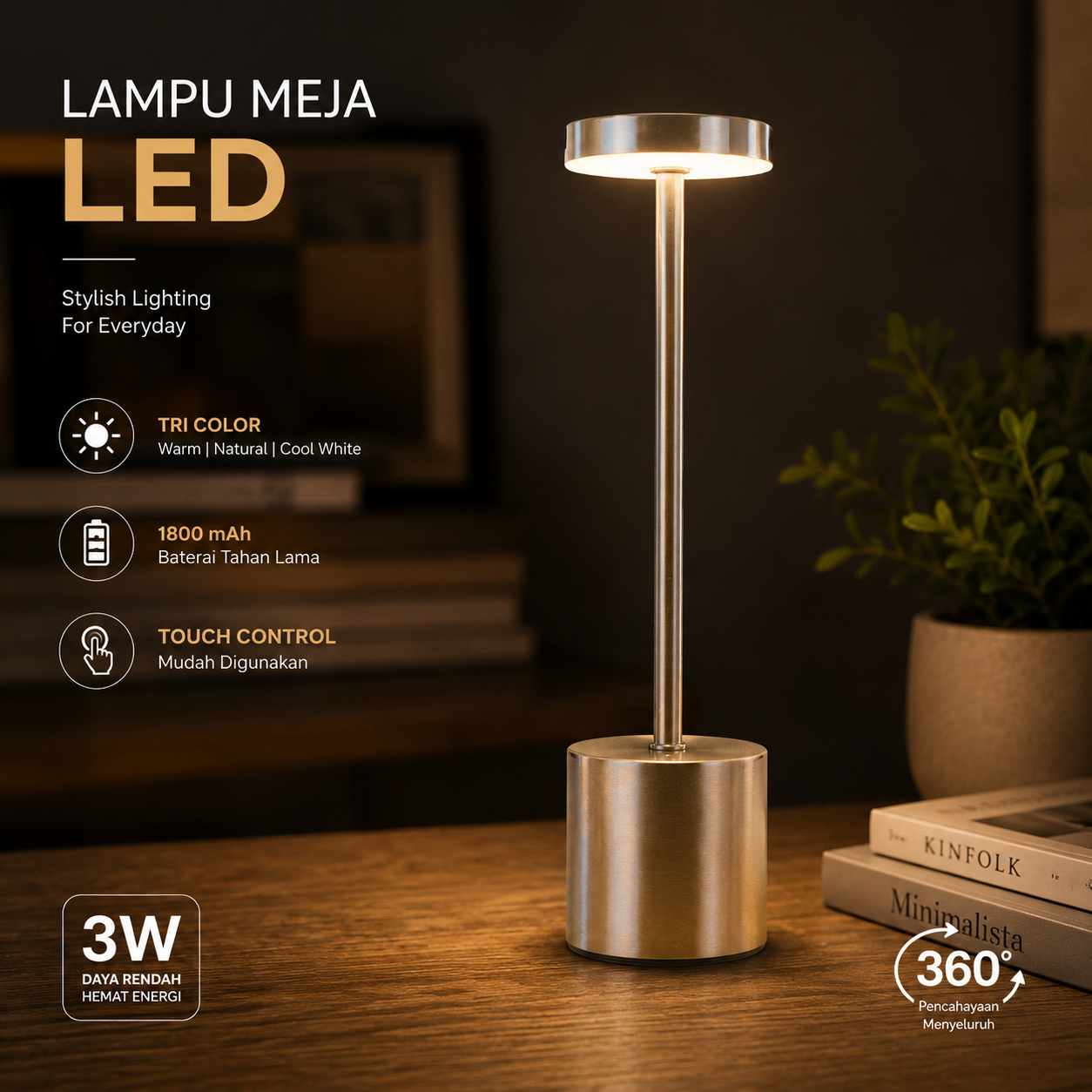 TaffLED Lampu Meja Hias Touch LED USB Rechargeable 3in1 1800mAh - P340 Gambar produk TaffLED Lampu Meja Hias Touch LED USB Rechargeable 3in1 1800mAh - P340 - Utama