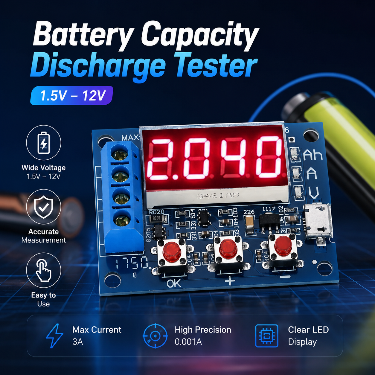 Gambar produk ZHIYU Battery Capacity Meter Discharge Tester 1.5v-12v for 18650 - HW-586 - Utama