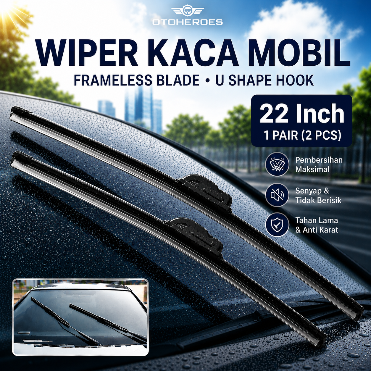 OTOHEROES Wiper Mobil Frameless Blade U Shape Hook 1 Pair 22 Inch - S858/S688 Gambar produk OTOHEROES Wiper Mobil Frameless Blade U Shape Hook 1 Pair 22 Inch - S858/S688 - Utama
