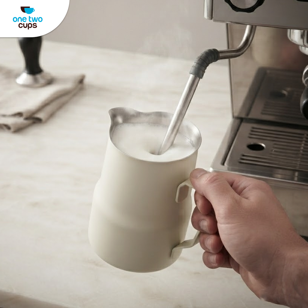 One Two Cups Milk Jug Pitcher Susu Latte Art Espresso Stainless Steel 350ml - AA050 Gambar produk One Two Cups Milk Jug Pitcher Susu Latte Art Espresso Stainless Steel 350ml - AA050 - 5