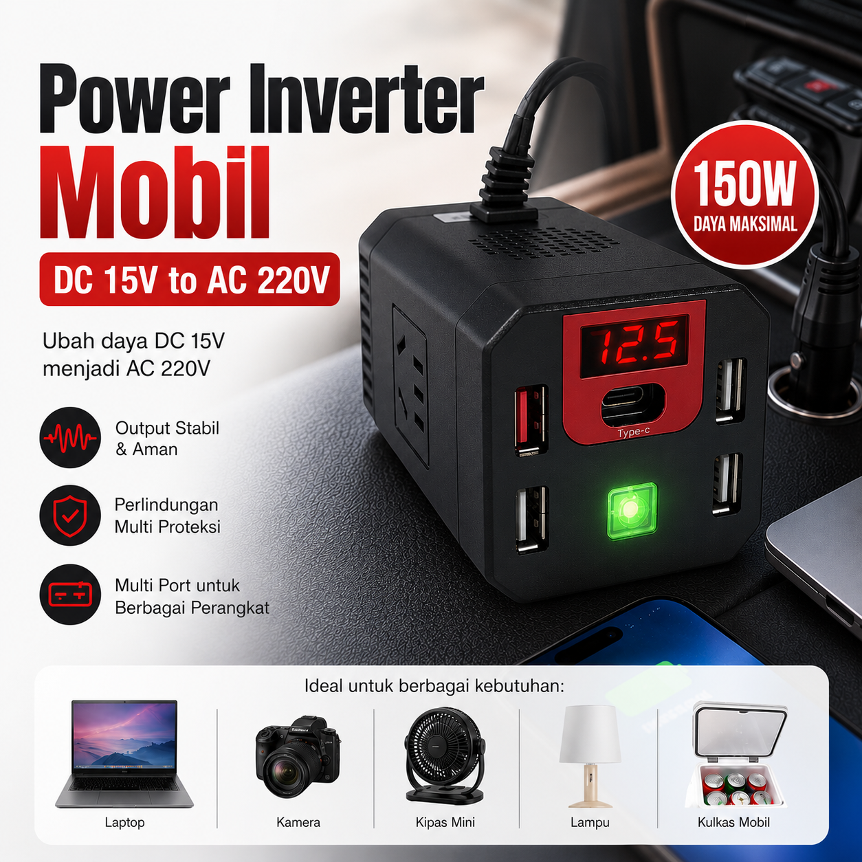 PULIXIN Power Inverter Mobil DC 15V to AC 220V 150 W - P-12 Gambar produk PULIXIN Power Inverter Mobil DC 15V to AC 220V 150 W - P-12 - Utama