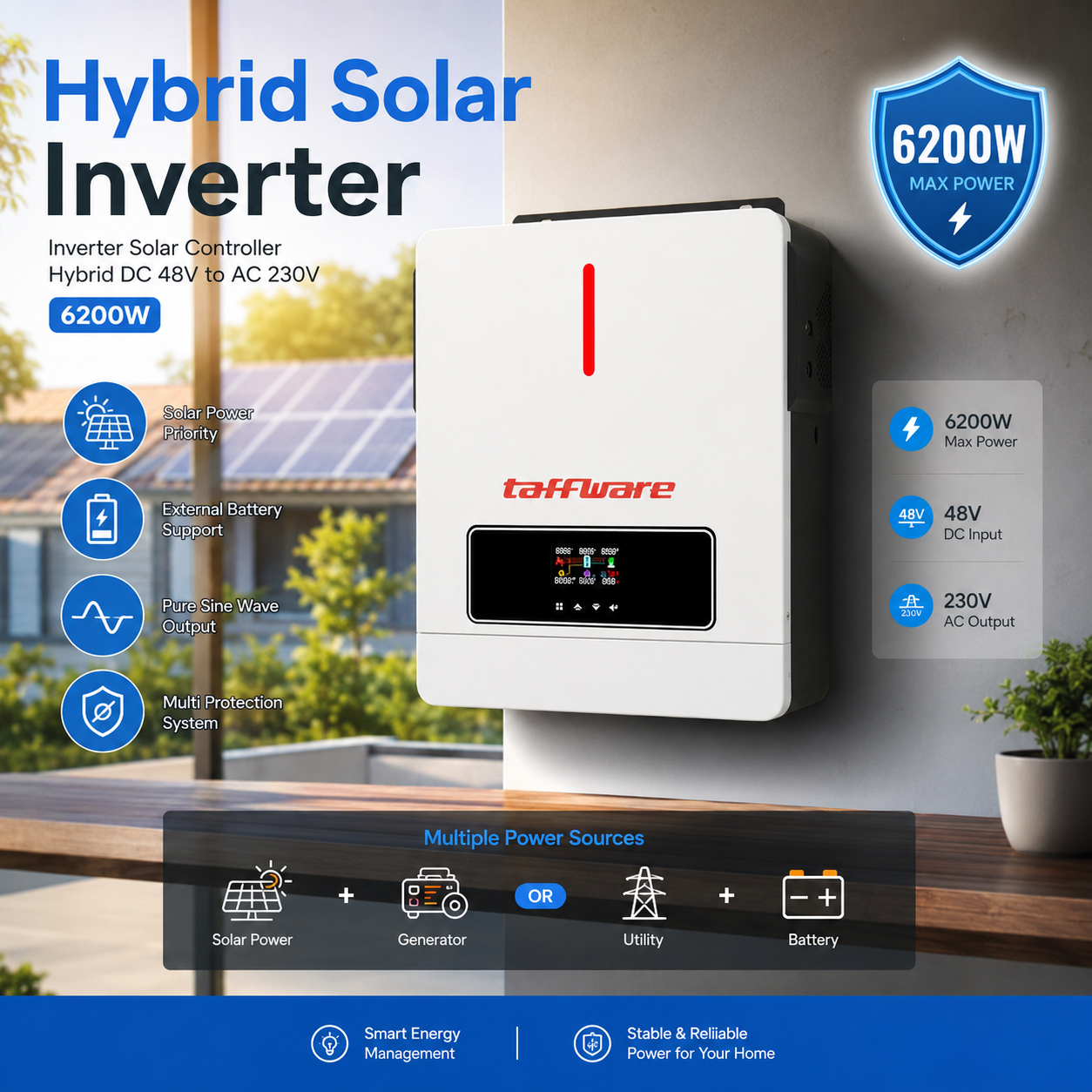 Taffware Inverter Solar Controller Hybrid DC 48V to AC 230V 6200W - ECO II-6.2KW PLUS Gambar produk Taffware Inverter Solar Controller Hybrid DC 48V to AC 230V 6200W - ECO II-6.2KW PLUS - Utama