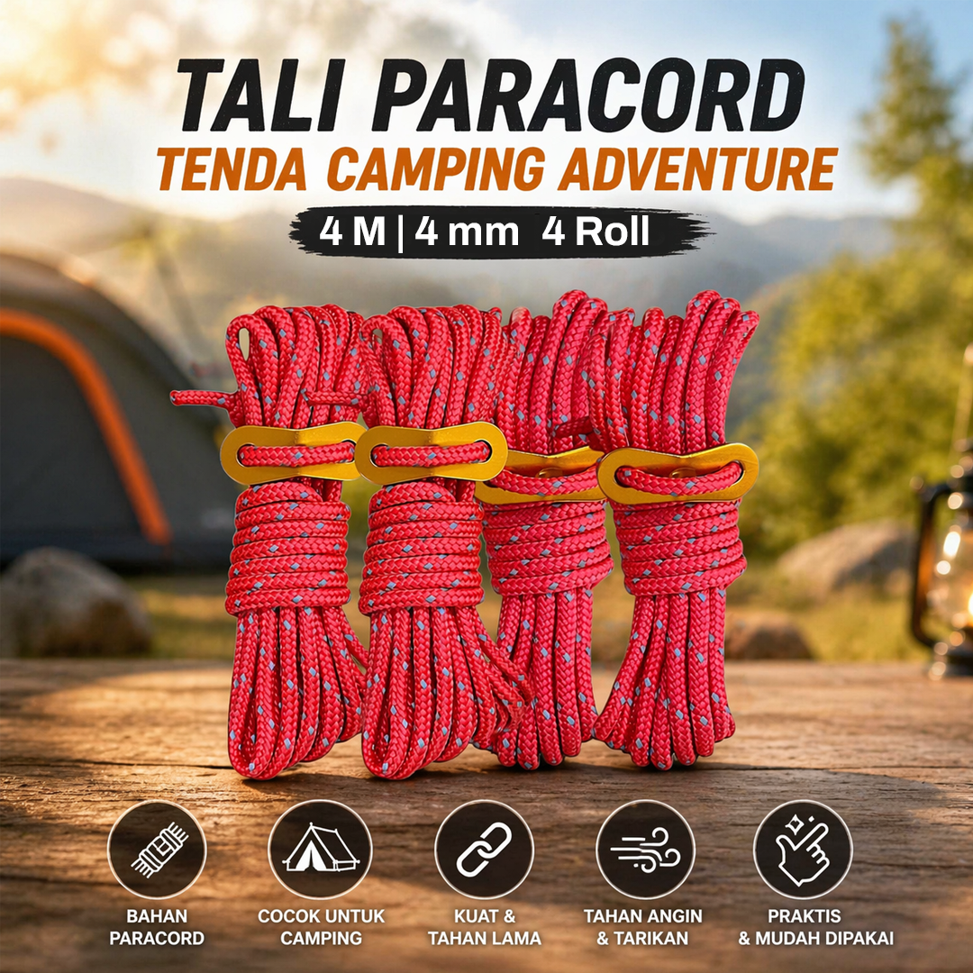 TaffSPORT Tali Paracord Tenda Camping Adventure Windproof 4mmx4M 4 PCS - YG148 Gambar produk TaffSPORT Tali Paracord Tenda Camping Adventure Windproof 4mmx4M 4 PCS - YG148 - Utama