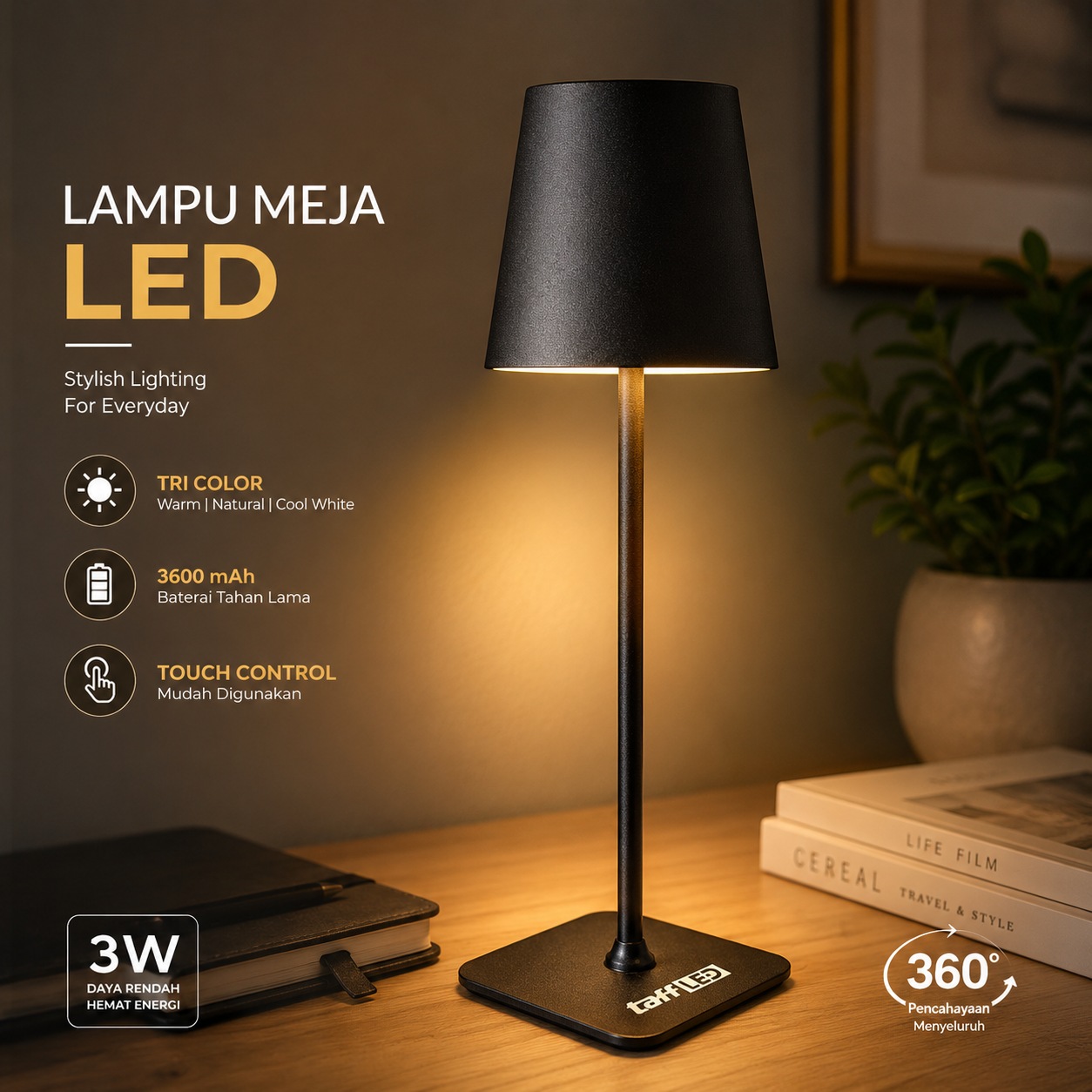 TaffLED Lampu Meja Hias Touch LED Desk USB Rechargeable Tri Color 3W - J420 Gambar produk TaffLED Lampu Meja Hias Touch LED Desk USB Rechargeable Tri Color 3W - J420 - Utama
