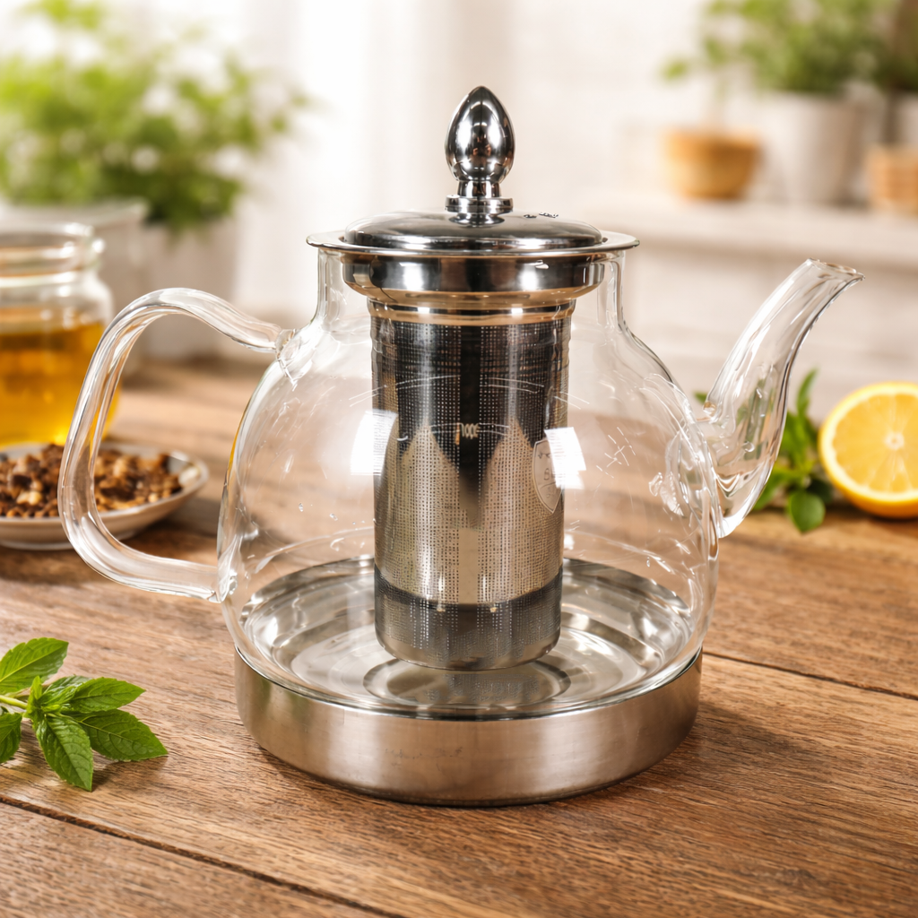 One Two Cups Teko Teh Kaca Saringan Tahan Panas Api Infuser Teapot 1.18L - TP-760 Gambar produk One Two Cups Teko Teh Kaca Saringan Tahan Panas Api Infuser Teapot 1.18L - TP-760 - 5