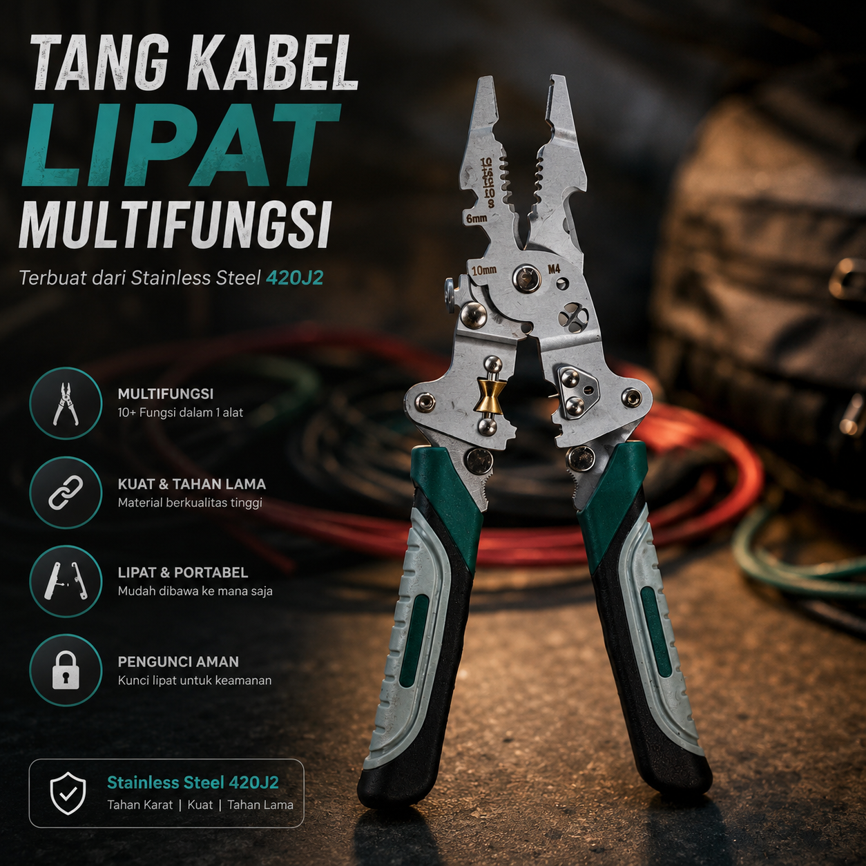 Pi Tang Lipat Multifungsi Kupas Kabel Wire Stripper Cutter Stainless - TK0800 Gambar produk Pi Tang Lipat Multifungsi Kupas Kabel Wire Stripper Cutter Stainless - TK0800 - Utama