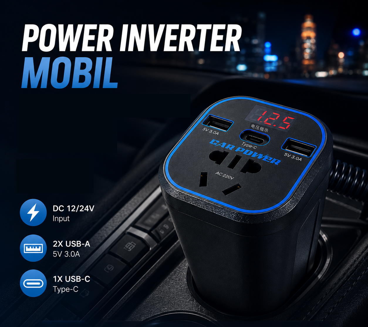 OTOHEROES Power Inverter Mobil DC to DC 12/24V to 220V LED Display - PL-125 Gambar produk OTOHEROES Power Inverter Mobil DC to DC 12/24V to 220V LED Display - PL-125 - Utama