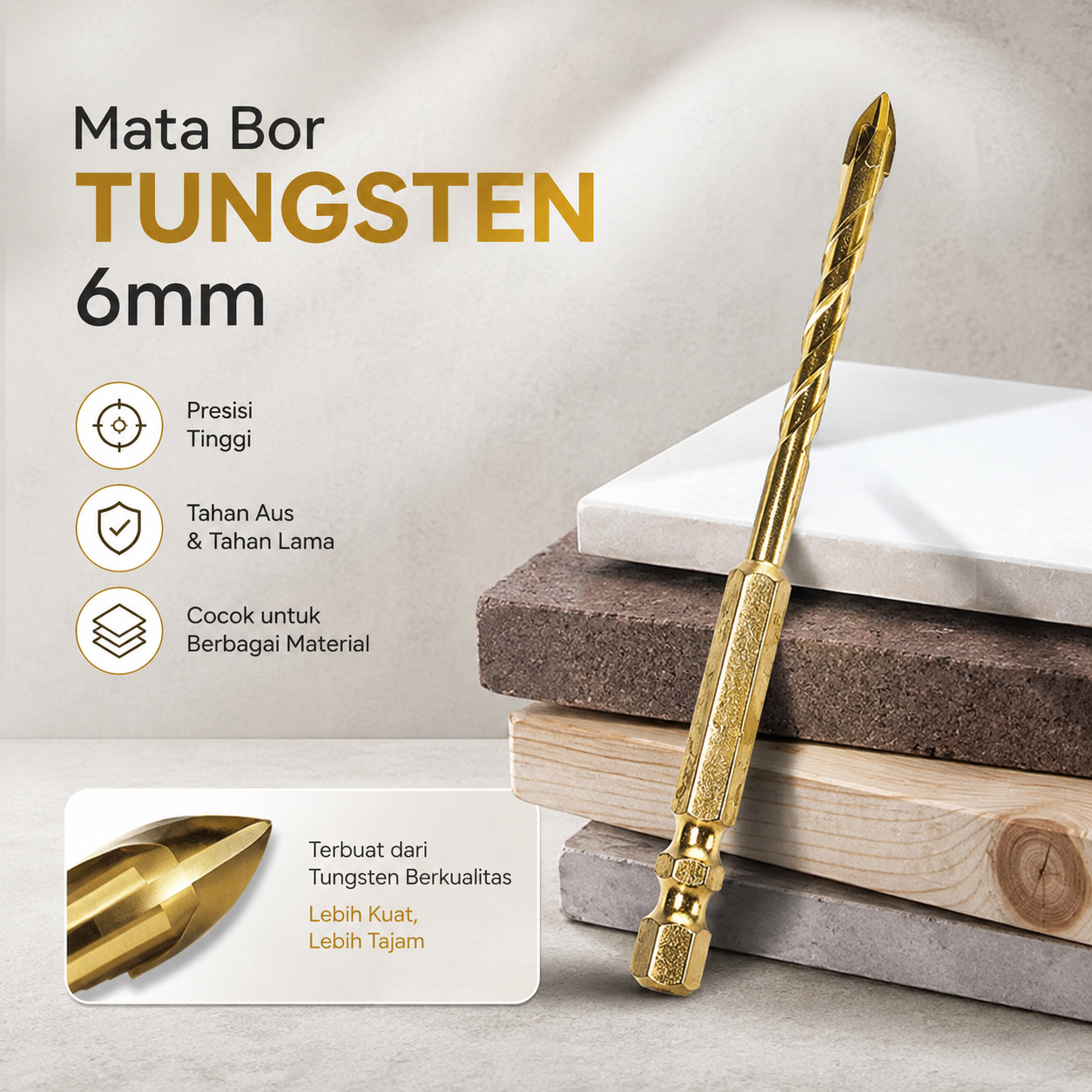Gambar produk Taffware Mata Bor Tungsten Carbide Cross Hex Tile Drill Bit 6mm - FM3 - Utama